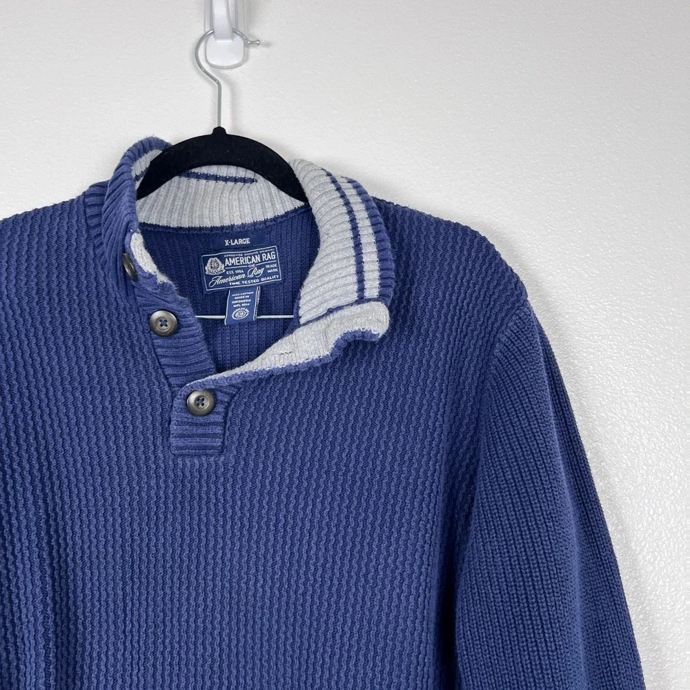 American Rag Men's Henley Ribbed Knit Pullover‎ Sweater Blue Sz XL